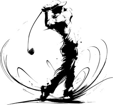 Inkwash vector style of a golf player, isolated on white. Ideal for logos, posters, branding, icons, merchandise, and golf sports promotional designs.