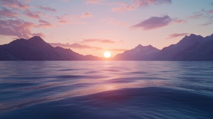 Fototapeta premium Serene ocean sunset with soft pink and purple clouds illuminating gentle waves and distant mountains