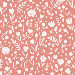 Floral Pattern on coral background. White hand drawn flowers