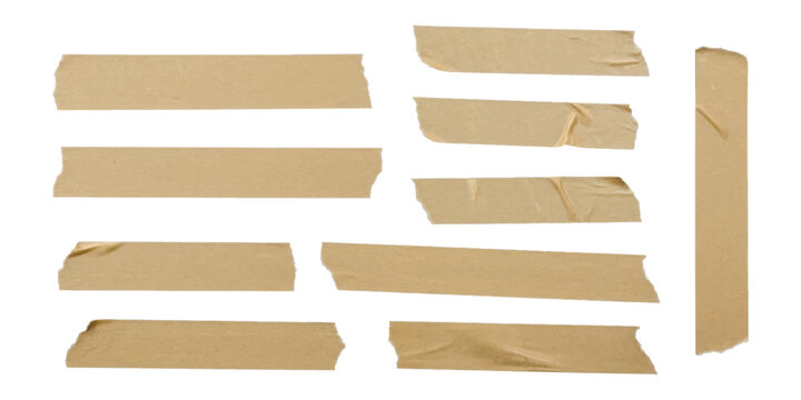 Collection of realistic brown masking tape strips and pieces, isolated on white background, versatile graphic design elements