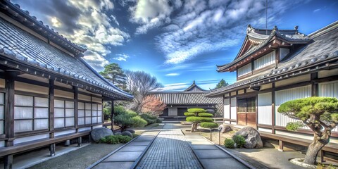 Naklejka premium Explore a tranquil Japanese garden under a vibrant sky with traditional architecture and carefully manicured greenery