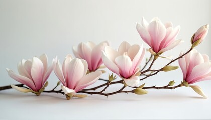 Obraz premium Delicate pink and white magnolia flowers branch with buds. Soft pastel petals open on dark woody stem against plain white background. Natural beauty detail.
