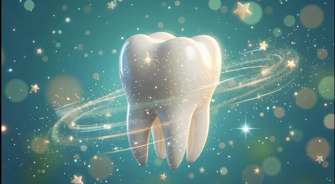 Happy cartoon tooth with blushing cheeks surrounded by magical sparkles and stars on blue background, smiling, dental, children, fantasy, health, hygiene.