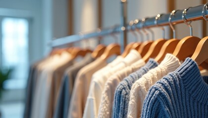 Obraz premium Row of hangers holding soft knitwear sweaters in neutral and blue colors. Cozy warm jumpers displayed in a retail store boutique setting with elegant apparel.
