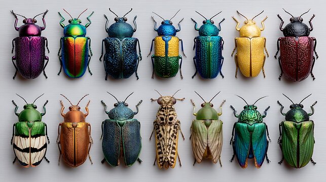 Colorful beetles in rows on white background insects rainbow