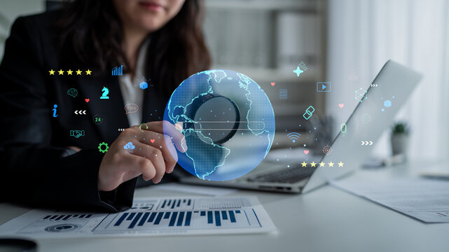 A global search engine for finding worldwide information and online services. A concept of internet browsing, e-commerce, and digital communication. Motif