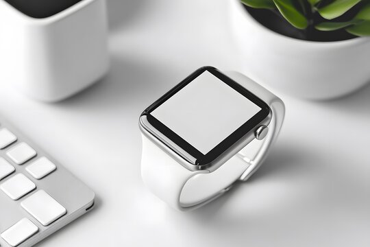 A smartwatch mockup floating above a desk blank display