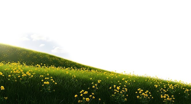 Serene hillside landscape with vibrant yellow flowers under bright sky