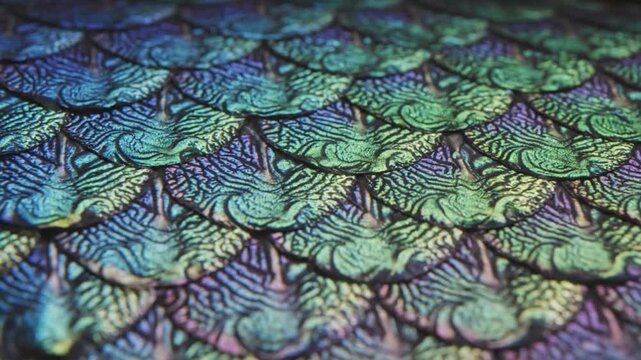 Close-up view of shimmering scales in iridescent colors showcasing texture and pattern in a natural, abstract design