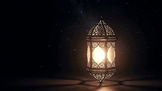 Ornate Lantern Illuminated in Dark Room.