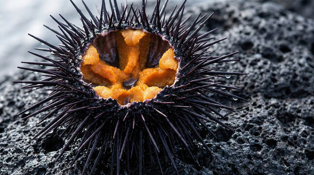 Fresh open sea urchin with bright orange uni on wet volcanic rock