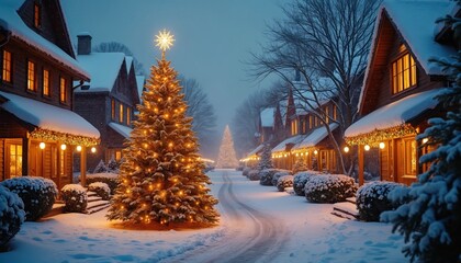 Fototapeta premium Snowy street lined with houses decorated for Christmas holiday. Large lit pine tree stands roadside. Evening winter townscape. Festive lights twinkle on buildings, trees glow, casting warm light.