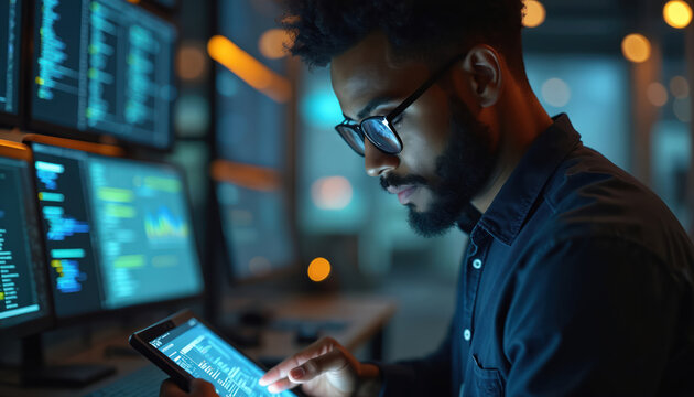 Man with glasses works late at night at computer. He uses tablet showing graphs. Displays show data and code. Room is dark with tech ambiance.