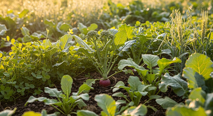 Golden morning sunlight illuminates a lush organic garden, highlighting rows of fresh, healthy vegetables and green plants thriving in fertile soil, demonstrating sustainable farming