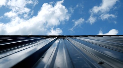 Macro Shot Shows Metal Seam Roof Reflecting Blue Sky With Clouds, Highlighting Minimalist Design From Below in Daylight