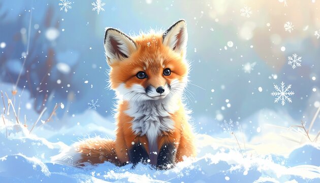 Fuchswelpe im Schneeflockenwirbel