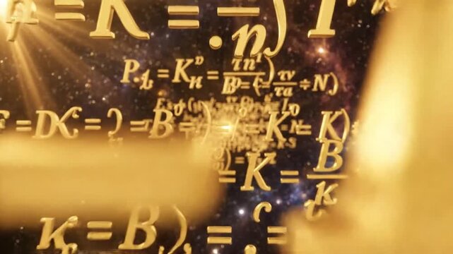 Mathematical formulas and equations floating in space, illuminated by light, showcasing complex scientific concepts and technology