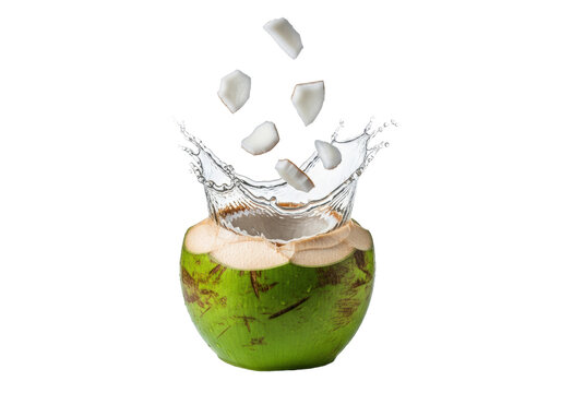 A perfectly halved vibrant young green coconut, strong backlighting highlights a massive water crown splash and suspended copra pieces, photorealistic macro studio shot. concept for tropical beverage