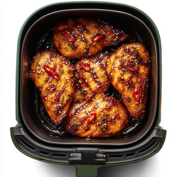 full top view Ultra-realistic product photo of a modern blue air fryer with drawer pulled out, top view studio product shot, basket fully filled with four large chicken breasts overlapping eachother