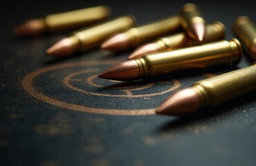 Obraz premium Scattered brass cartridges with copper tips lie on dark textured surface with target rings. Ammunition is ready for shooting practice or combat use. Metal bullets arranged for action.