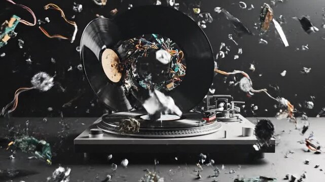 Record player exploding with electronic components flying everywhere, surrounded by debris on a dark surface