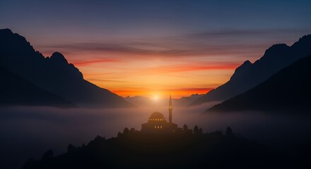 Obraz premium A serene mountain landscape with a building silhouetted against a vibrant sunset