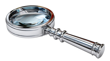 Magnifying Glass: A close-up view of a shiny, chrome magnifying glass resting on a surface, reflecting light and offering a glimpse into a world of detail.