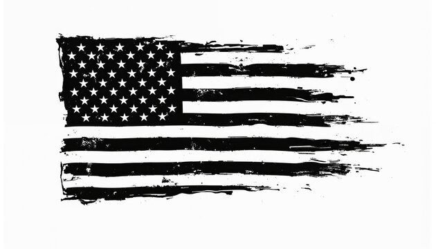 Distressed black and white American flag design with visible brush strokes and rough texture. Stars and stripes abstract graphic element isolated on white background for patriotic themes and design.