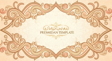 Elegant ornate decorative frame with intricate Arabic Islamic scrollwork and traditional patterns on a soft beige background for luxury design