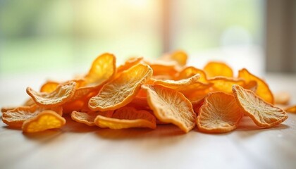 Closeup view of dried orange slices arranged on a smooth surface with blurred background showcasing natural orange color and texture.