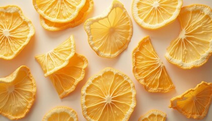 Close-up image of multiple dried orange slices arranged on a vibrant yellow background. The slices show detailed texture and natural color variations typical of dehydrated citrus fruit.