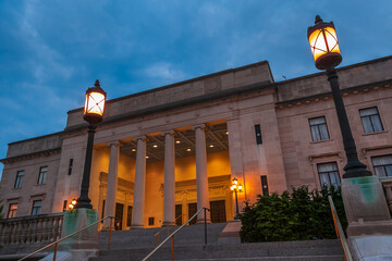 Illuminated Trenton War Memorial in Capitol complex, New Jersey, USA