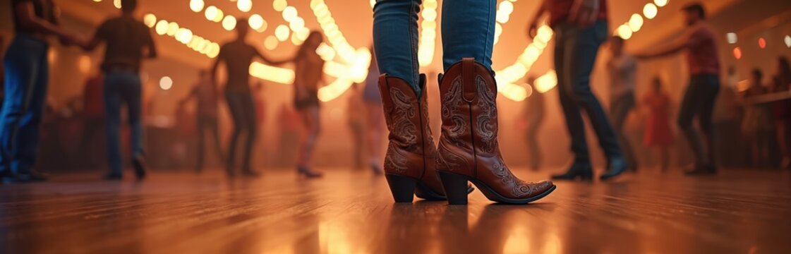 Person wearing brown cowboy boots dances on wooden floor. Blurred people and warm lights create atmosphere for country western hoedown. Fun, movement, and celebration fill dance hall.