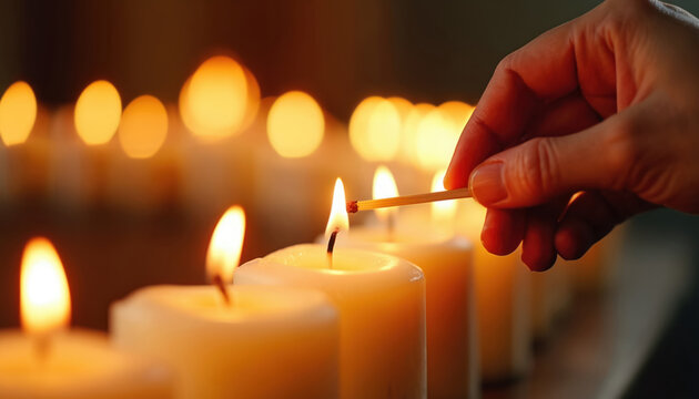 Hand lights white candle with matchstick creating soft warm glow. Rows of lit candles suggest hope, remembrance, peace, and faith in a dark setting.