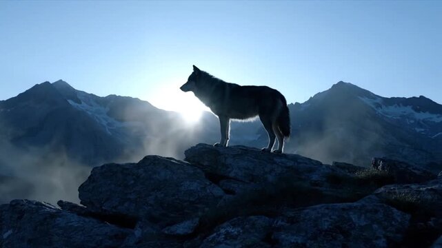Realistic wolf silhouette standing still on rocky mountain ridge at early dawn, cold blue sunrise light behin