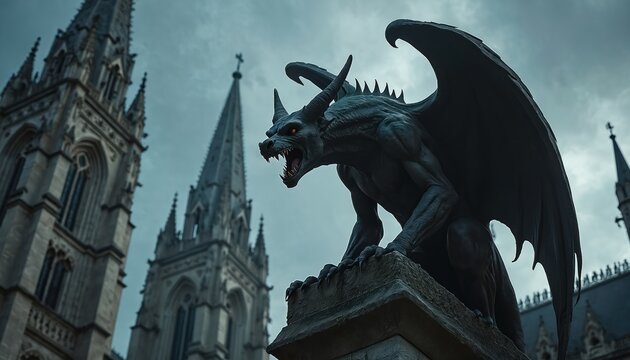 Stone gargoyle creature sits on gothic cathedral building spire with wings spread. Dark fantasy monster with horns and sharp teeth stares menacingly against stormy sky.