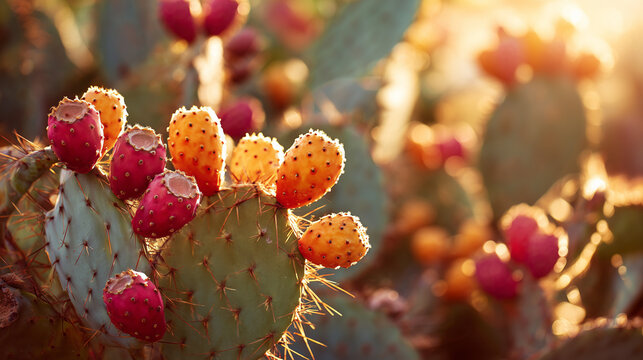 Prickly pear cactus with pink fruit in desert under golden sun rays