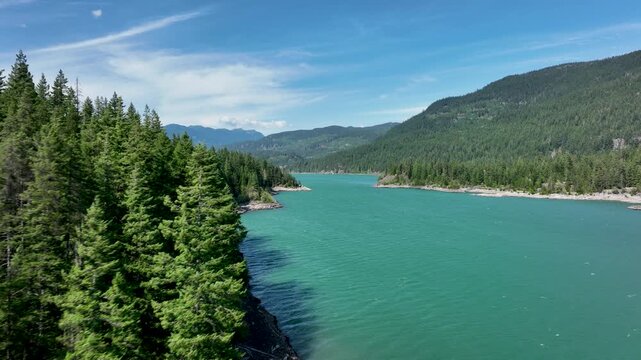 Aerial Over Turquoise Alpine Green Lake Near Whistler, British Columbia, Canada