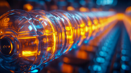 Abstract closeup of clear plastic bottles moving along production line illuminated by dramatic orange and electric blue neon lighting, creating futuristic industrial scene