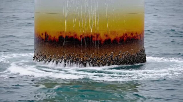 Close-up of an offshore wind turbine foundation covered in barnacles and marine growth in the ocean