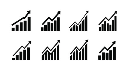 Fototapeta premium Vector illustration&nbsp;of set of eight black bar chart icons showing upward trend and growth on a transparent background