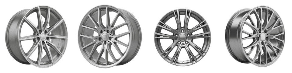 Automotive Performance Alloy Wheel Collection, Modern Silver Multi-Spoke Vehicle Rim Set, High-End Exterior Chassis Customization Components, Isolated PNG