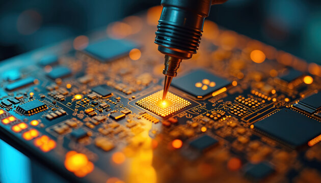 Robotic arm probes glowing microchip on circuit board. Automated tech tests electronics. Precision manufacturing for computer chips. Modern industry device.