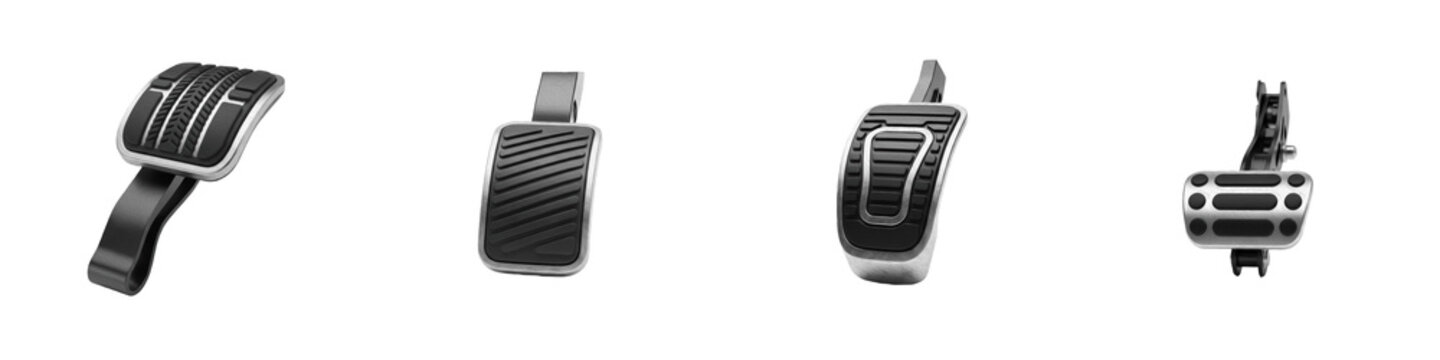 Automotive Foot Pedal Collection, Car Accelerator Brake and Clutch Pedal Set, Vehicle Interior Control Hardware, Sport Racing Pedal Covers, Isolated PNG