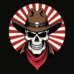 Fototapeta premium Illustration of a skull wearing a cowboy hat and red bandana. The skull has a menacing expression with empty eye sockets and a wide grin against a backdrop of radiating red and white stripes.