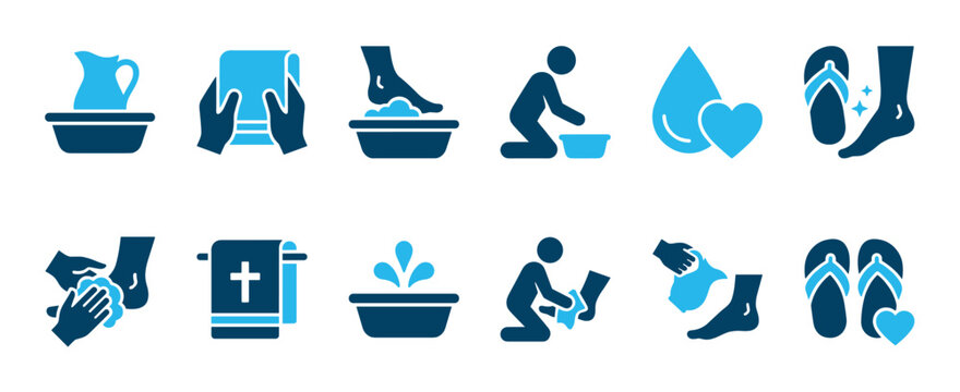 Set of blue foot washing icons illustrating the religious ritual of service and humility with symbols like a basin, pitcher, towel, and hands cleaning feet