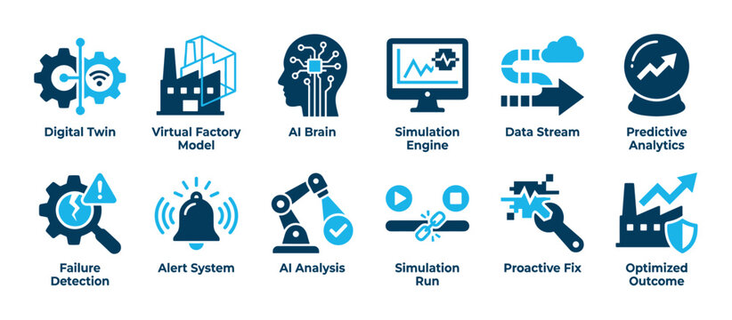 Digital twin and industry 4.0 icon set with concepts like virtual factory, AI brain, simulation, and predictive analytics for modern manufacturing and automation