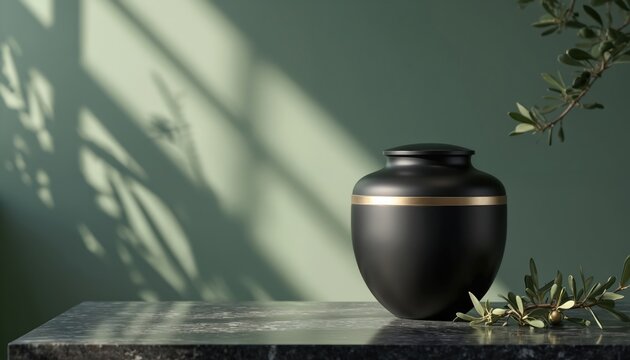 Modern black cremation urn with gold accent sits on marble surface. Olive branch adds touch of peace and solemnity. Soft light and shadows create serene atmosphere indoors.