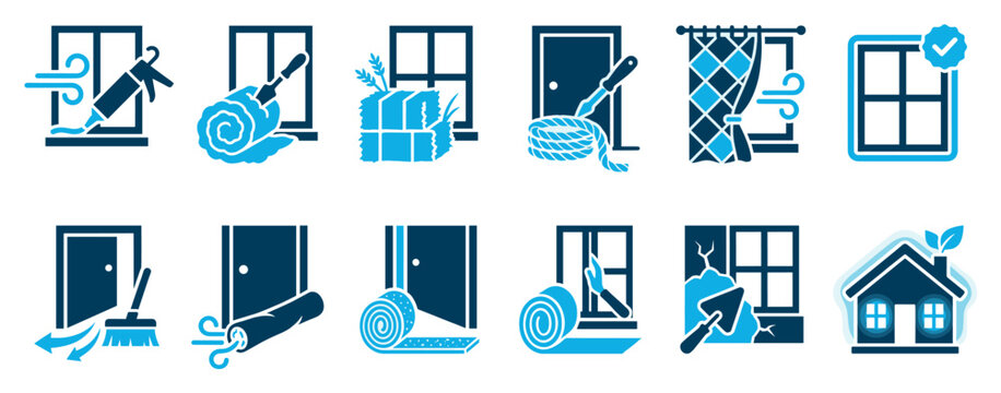 Home weatherproofing and insulation icon set showing window sealing, door draft proofing, crack repair, and energy efficiency symbols for home improvement concepts
