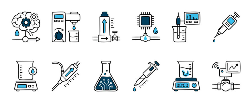 Collection of science and technology icons in a hand-drawn line art style, illustrating laboratory equipment, automation processes, and fluid dynamics symbols for research and development